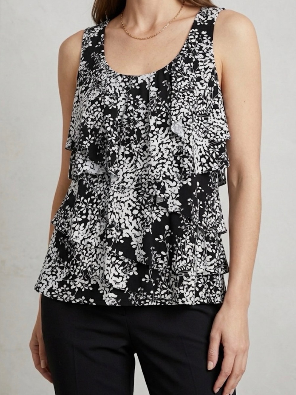 Black and White Ruffle Front Floral Sleeveless Top
